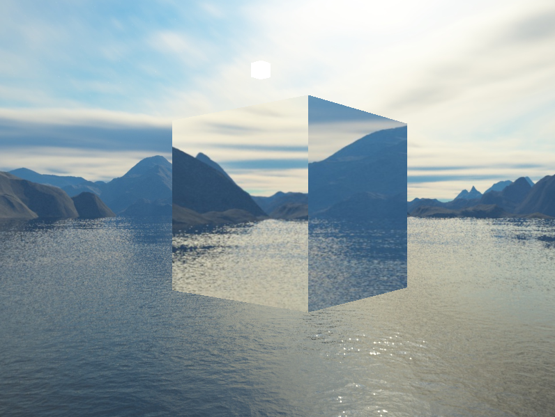 Environmental mapping, refracting the light from the enviornment around the cube.